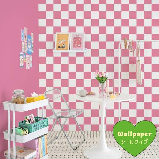 はがせる壁紙 シールタイプ What's poppin? チェッカー L (49cm×3mサイズ) ピンク