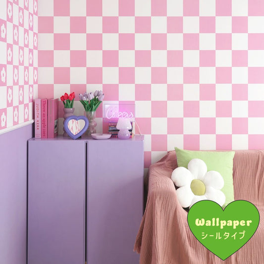 はがせる壁紙 シールタイプ What's poppin? チェッカー L (49cm×3mサイズ) ピーチ