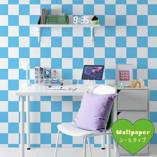 はがせる壁紙 シールタイプ What's poppin? チェッカー L (49cm×2.5mサイズ) スカイ