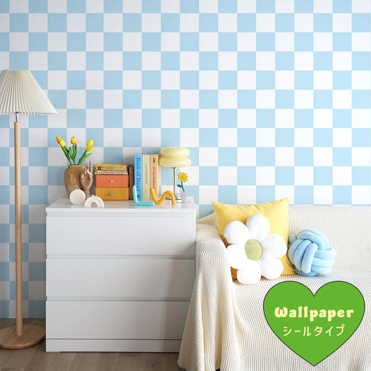 はがせる壁紙 シールタイプ What's poppin? チェッカー L (49cm×2.5mサイズ) ライトブルー