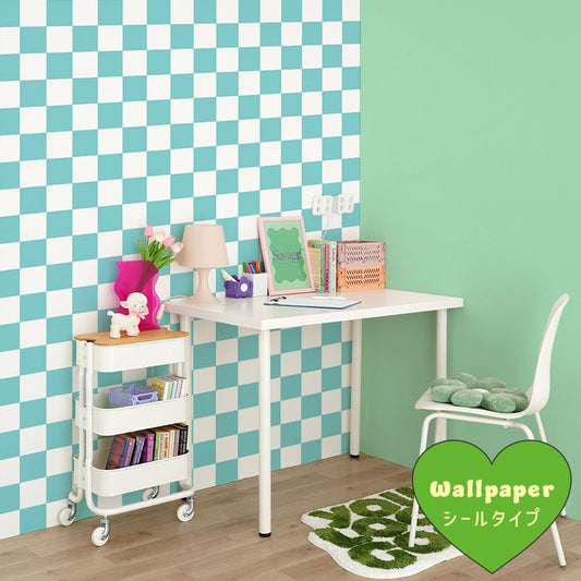 はがせる壁紙 シールタイプ What's poppin? チェッカー L (49cm×2.5mサイズ) ターコイズ
