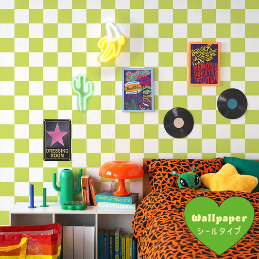 はがせる壁紙 シールタイプ What's poppin? チェッカー L (49cm×3mサイズ) ライム