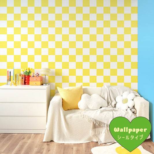 はがせる壁紙 シールタイプ What's poppin? チェッカー L (49cm×3mサイズ) イエロー
