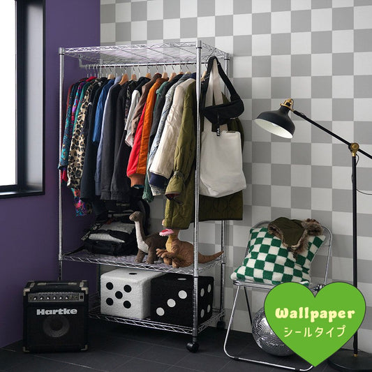 はがせる壁紙 シールタイプ What's poppin? チェッカー L (49cm×2.5mサイズ) グレー