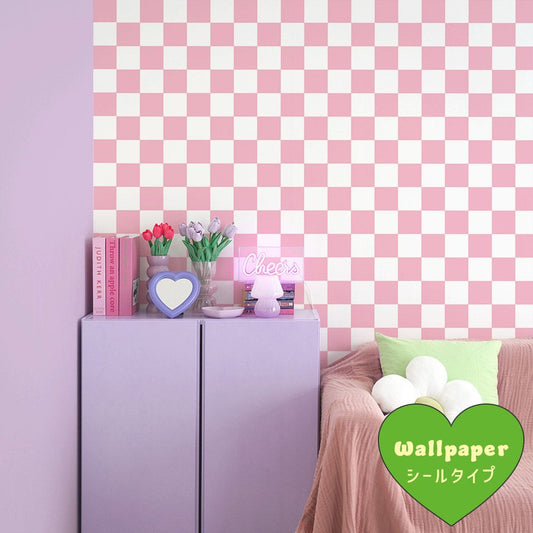 はがせる壁紙 シールタイプ What's poppin? チェッカー M (49cm×3mサイズ) ピーチ