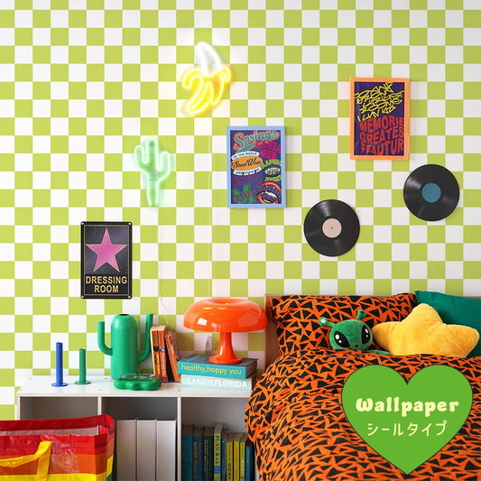 はがせる壁紙 シールタイプ What's poppin? チェッカー M (49cm×2.5mサイズ) ライム