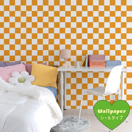 はがせる壁紙 シールタイプ What's poppin? チェッカー M (49cm×2.5mサイズ) オレンジ