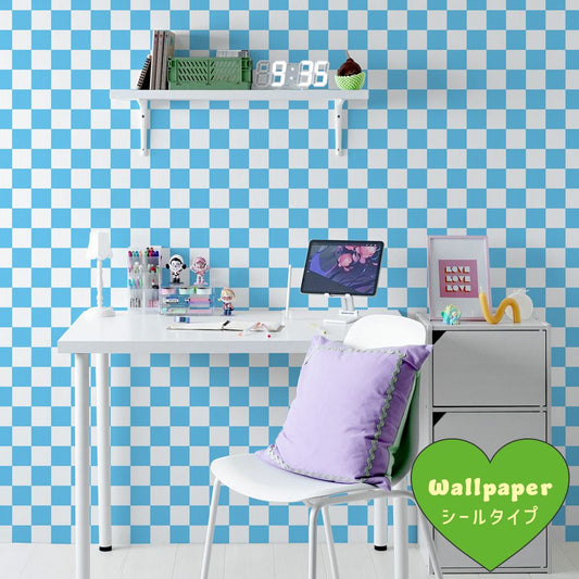 はがせる壁紙 シールタイプ What's poppin? チェッカー S (49cm×3mサイズ) スカイ