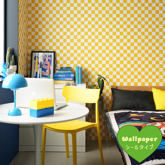 はがせる壁紙 シールタイプ What's poppin? チェッカー XS (49cm×3mサイズ) クロムイエロー