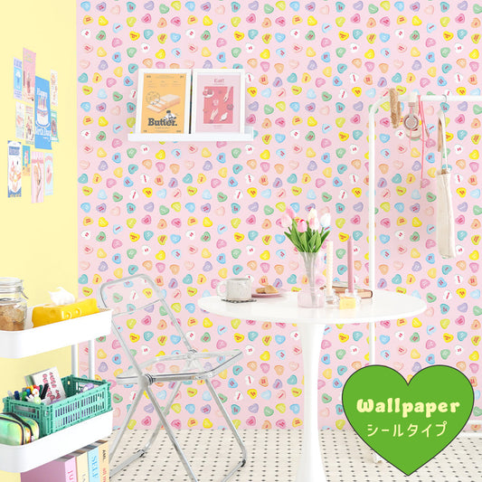 はがせる壁紙 シールタイプ What's poppin? ハートラムネ (49cm×2.5mサイズ) ピーチ