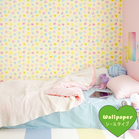 はがせる壁紙 シールタイプ What's poppin? ハートラムネ (49cm×2.5mサイズ) レモン