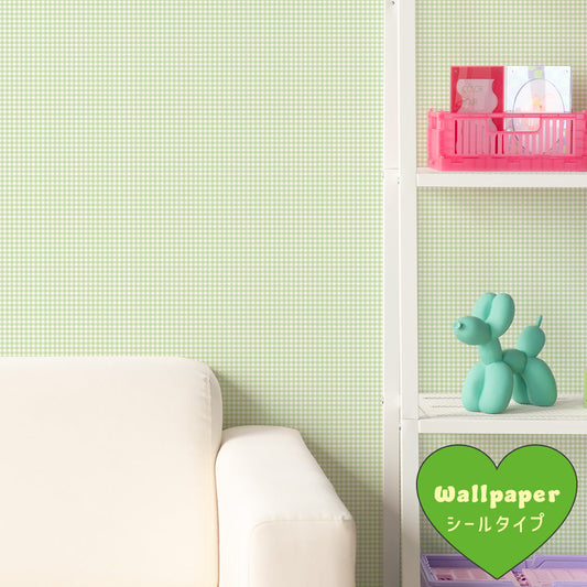 はがせる壁紙 シールタイプ What's poppin? ピンクニックギンガムmini (49cm×3mサイズ) グリーンウィンク