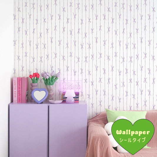 はがせる壁紙 シールタイプ What's poppin? リボンストライプ ナチュラル (49cm×3mサイズ) ラベンダー