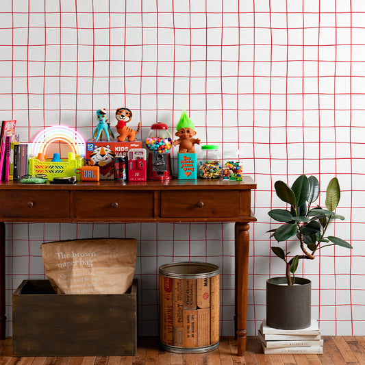 はがせる壁紙 のりなしタイプ What's poppin? Wavy Grid (49cm×3mサイズ) レッド