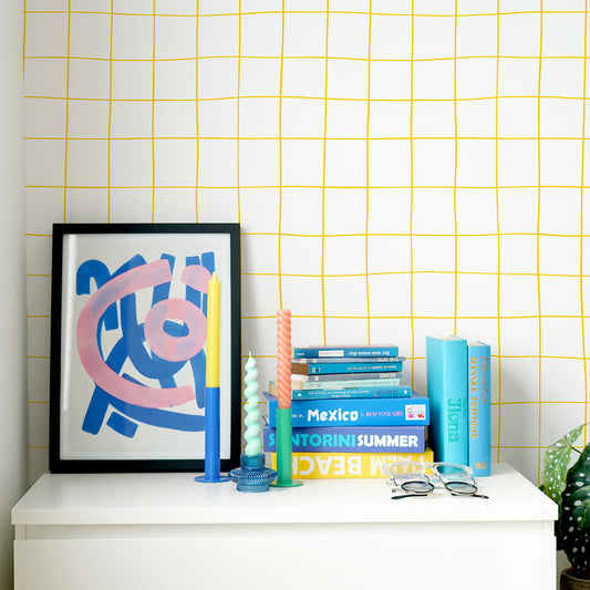 はがせる壁紙 のりなしタイプ What's poppin? Wavy Grid (49cm×3mサイズ) イエロー