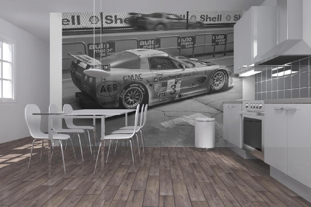 輸入壁紙 カスタム壁紙 PHOTOWALL / Corvette In Pit Lane - b/w (e12083)