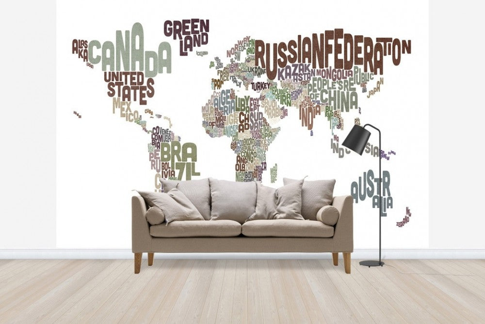 輸入壁紙 カスタム壁紙 PHOTOWALL / Typographic Text World Map Brown (e22678)