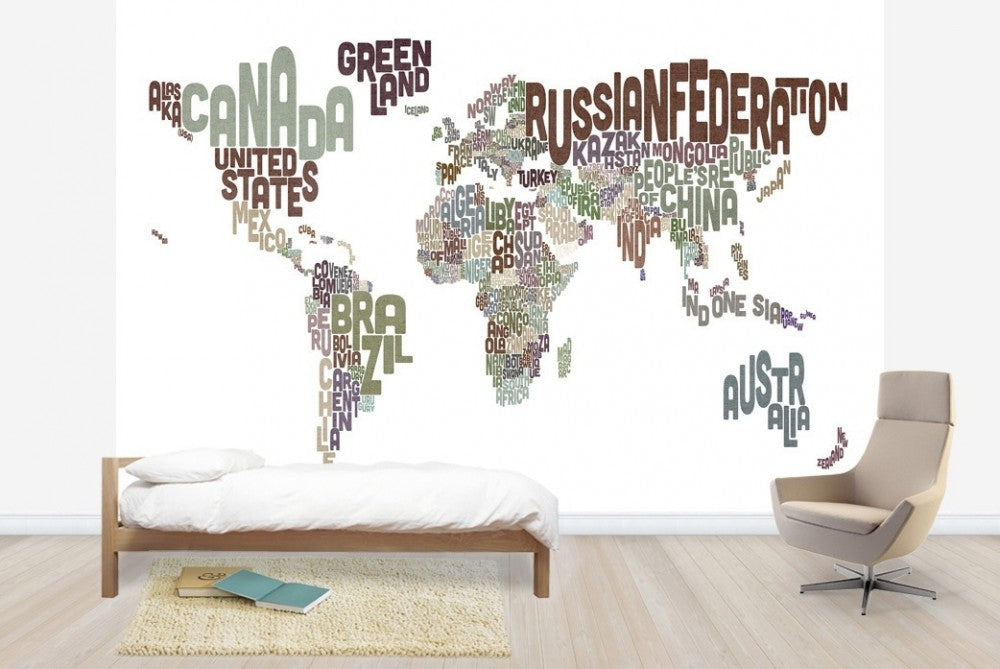 輸入壁紙 カスタム壁紙 PHOTOWALL / Typographic Text World Map Brown (e22678)