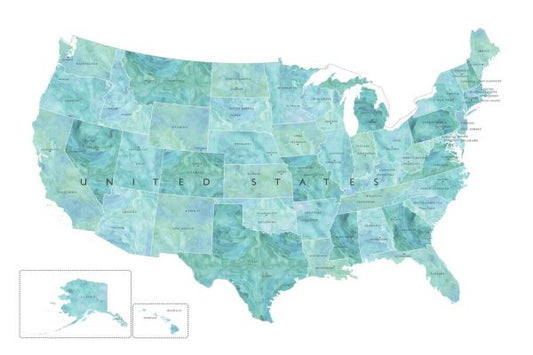 輸入壁紙 カスタム壁紙 PHOTOWALL / Teal Watercolor US Map (e84366)