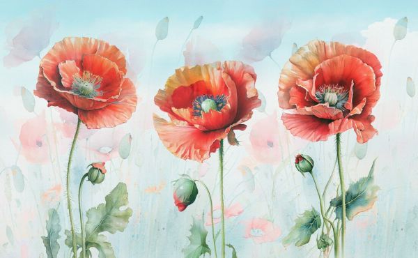 輸入壁紙 カスタム壁紙 PHOTOWALL / Three Red Poppies Blue (e85420)