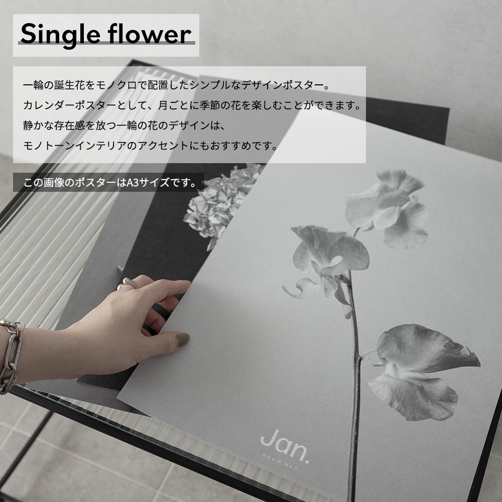 貼ってはがせる アートポスター A3サイズ ウォールステッカー Room No.0 Birthday Art Poster Single flower 7月 ロータス TRN-BSF07