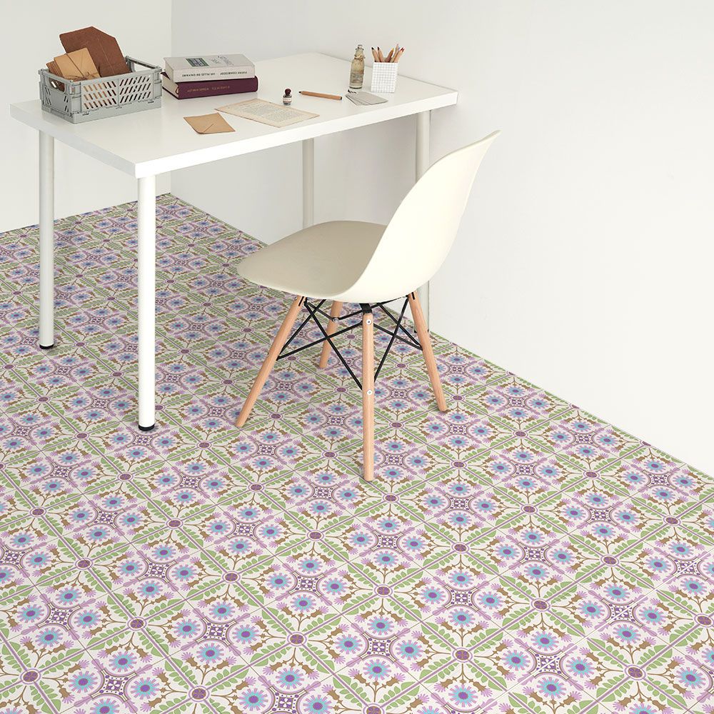 貼ってはがせる 床リメイクシート「Hatte me Floor (ハッテミーフロア)」セメントタイル -ダンデライオン- (65cm×3mサイズ) パープル