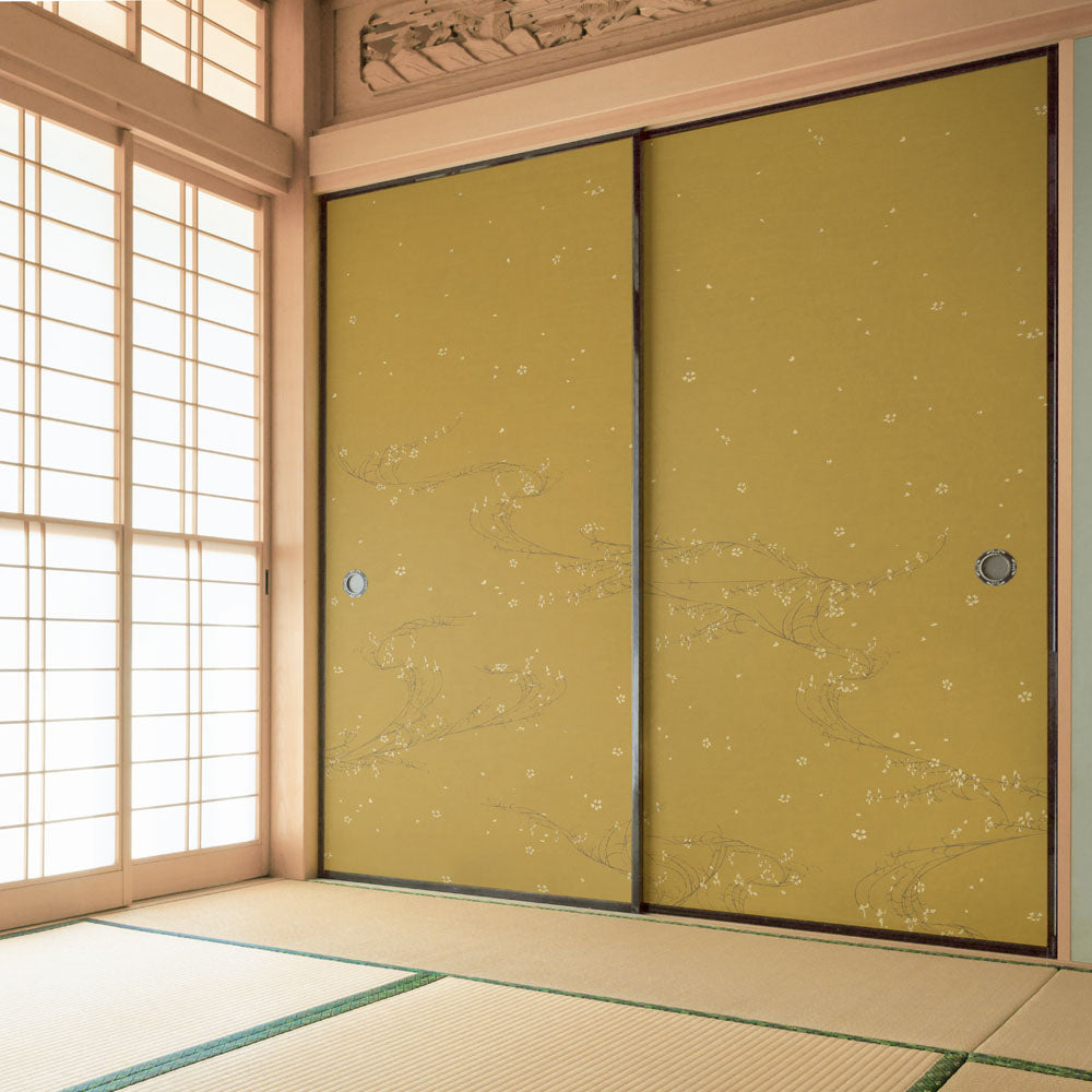 ふすまリメイクシート 消臭シールタイプ 大正ロマン つながる2柄 小花Ａ 芥子色 (約185cm×94cm)