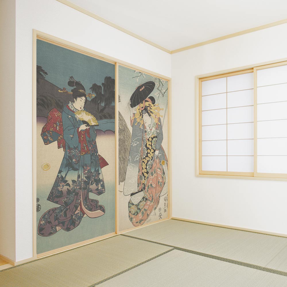 ふすまリメイクシート 拭けるシールタイプ つながる2柄 歌川国貞 一陽斎豊国 (約185cm×100cm)