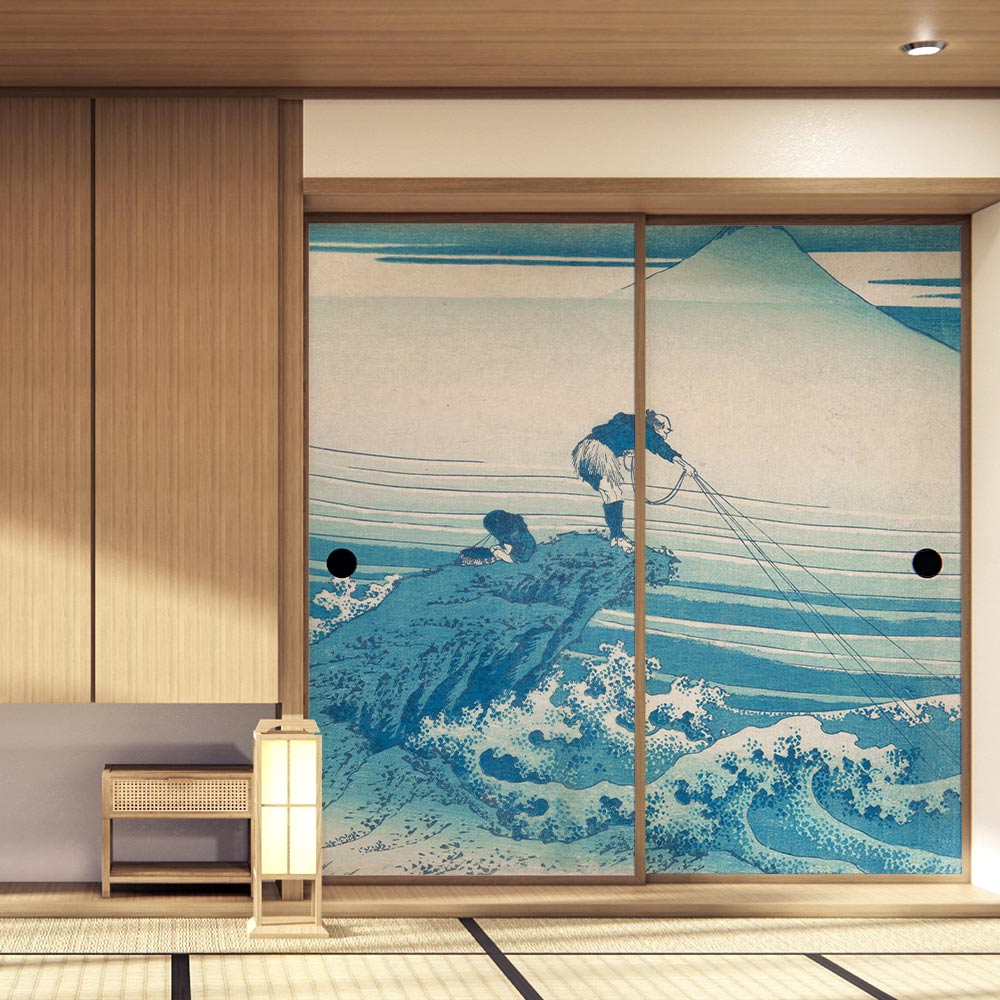 【2枚1組】ふすまリメイクシート ふすま紙のりなしタイプ つながる2柄 葛飾北斎 甲州石班沢