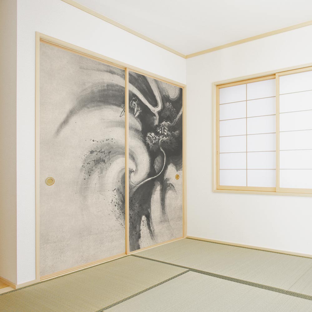 ふすまリメイクシート 拭けるシールタイプ つながる2柄 狩野山雪 龍図 B (約185cm×100cm)