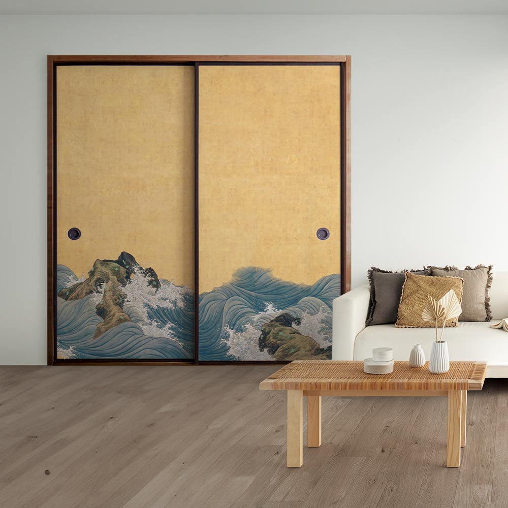 ふすまリメイクシート 消臭シールタイプ つながる2柄 山跡鶴嶺 波濤図屏風 B (約185cm×94cm)