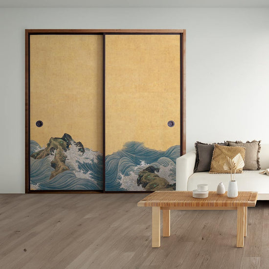 ふすまリメイクシート ふすま紙のりなしタイプ つながる2柄 山跡鶴嶺 波濤図屏風 B (約185cm×94cm)