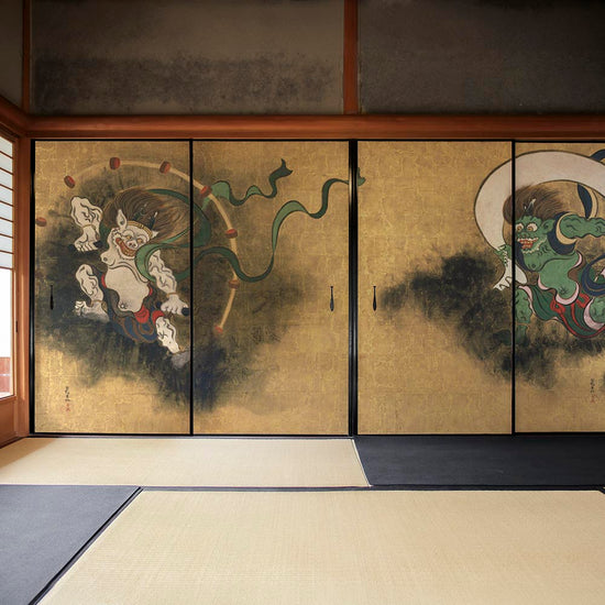 ふすまリメイクシート ふすま紙のりなしタイプ つながる4柄 尾形光琳 風神雷神図屏風 D (約185cm×94cm)