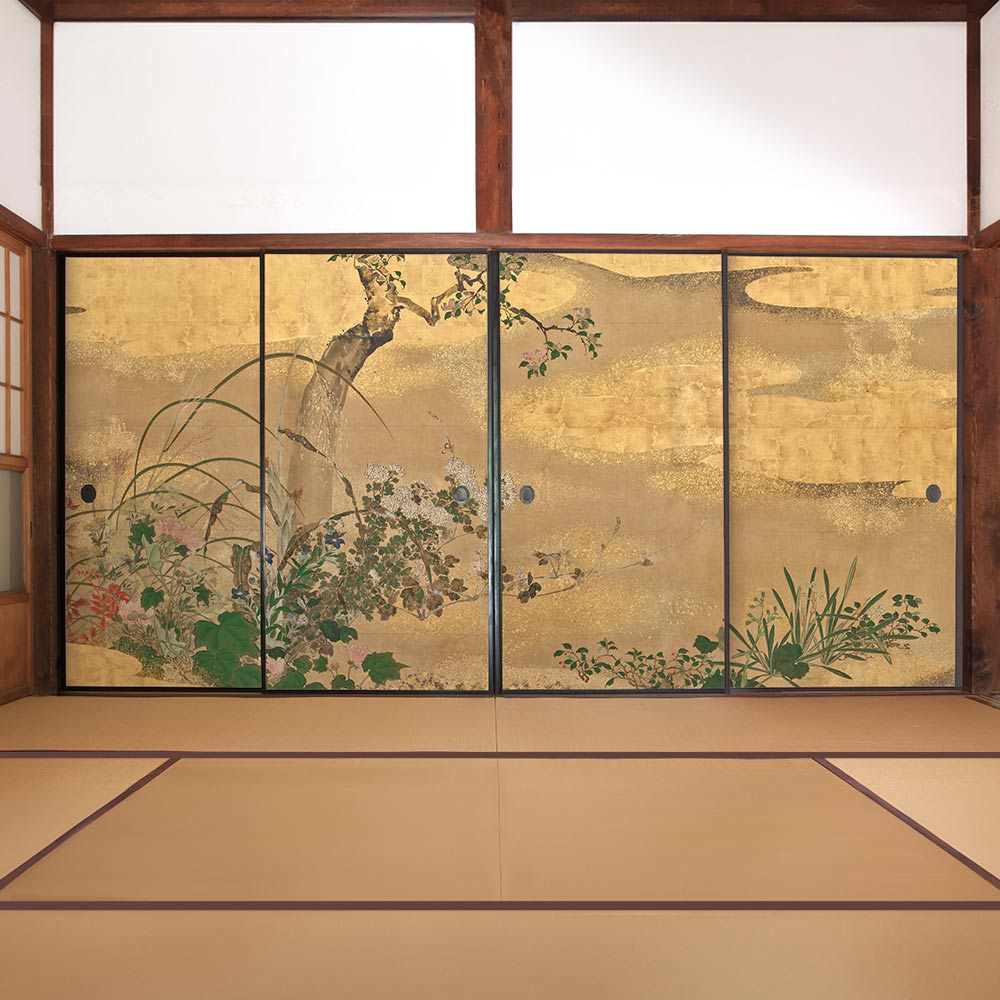 ふすまリメイクシート 拭けるシールタイプ つながる4柄 渡辺始興 四季花木図屏風 B (約185cm×100cm)