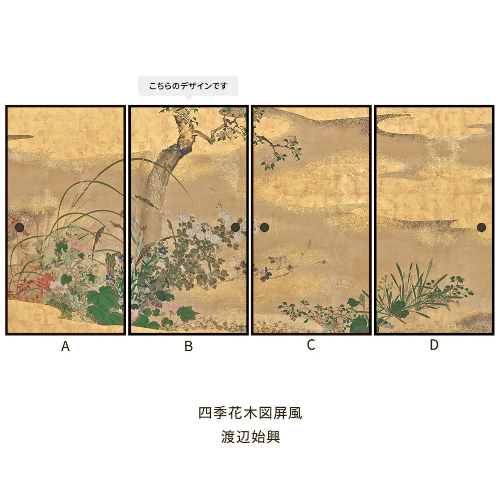 ふすまリメイクシート 拭けるシールタイプ つながる4柄 渡辺始興 四季花木図屏風 B (約185cm×100cm)