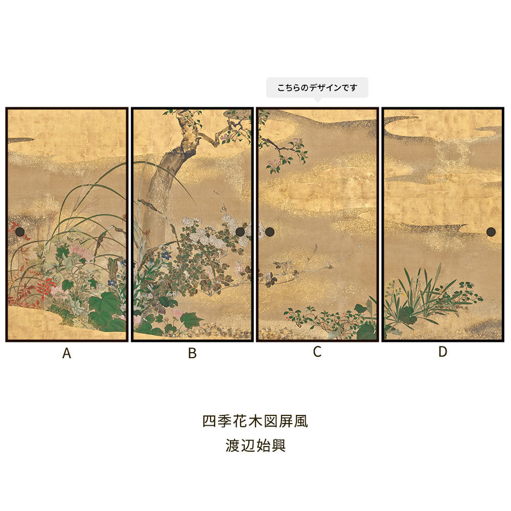 ふすまリメイクシート 拭けるシールタイプ つながる4柄 渡辺始興 四季花木図屏風 C (約185cm×100cm)