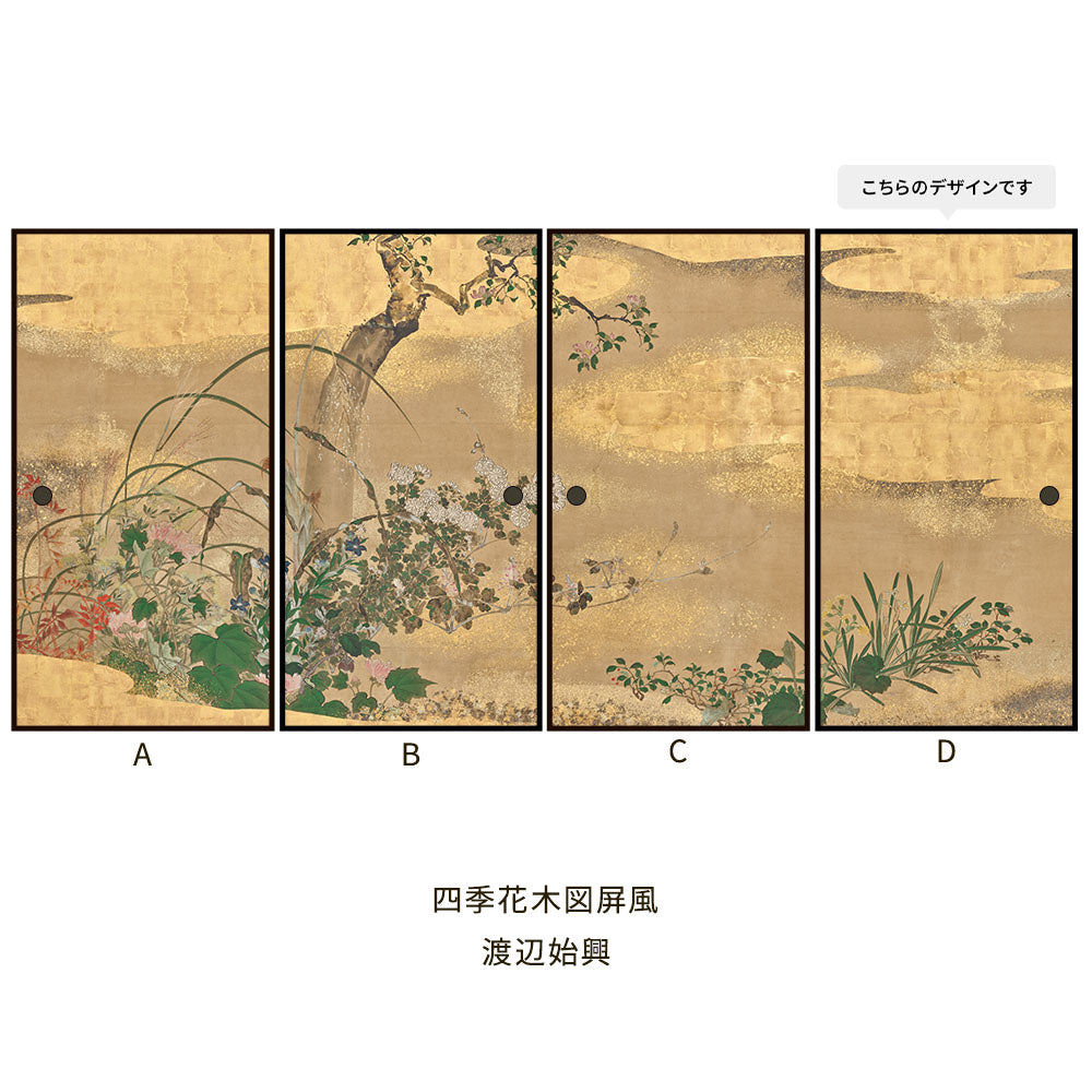 ふすまリメイクシート 拭けるシールタイプ つながる4柄 渡辺始興 四季花木図屏風 D (約185cm×100cm)