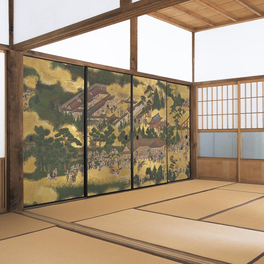 ふすまリメイクシート ふすま紙のりなしタイプ つながる4柄 伊勢物語 賀茂神社競馬 D (約185cm×94cm)