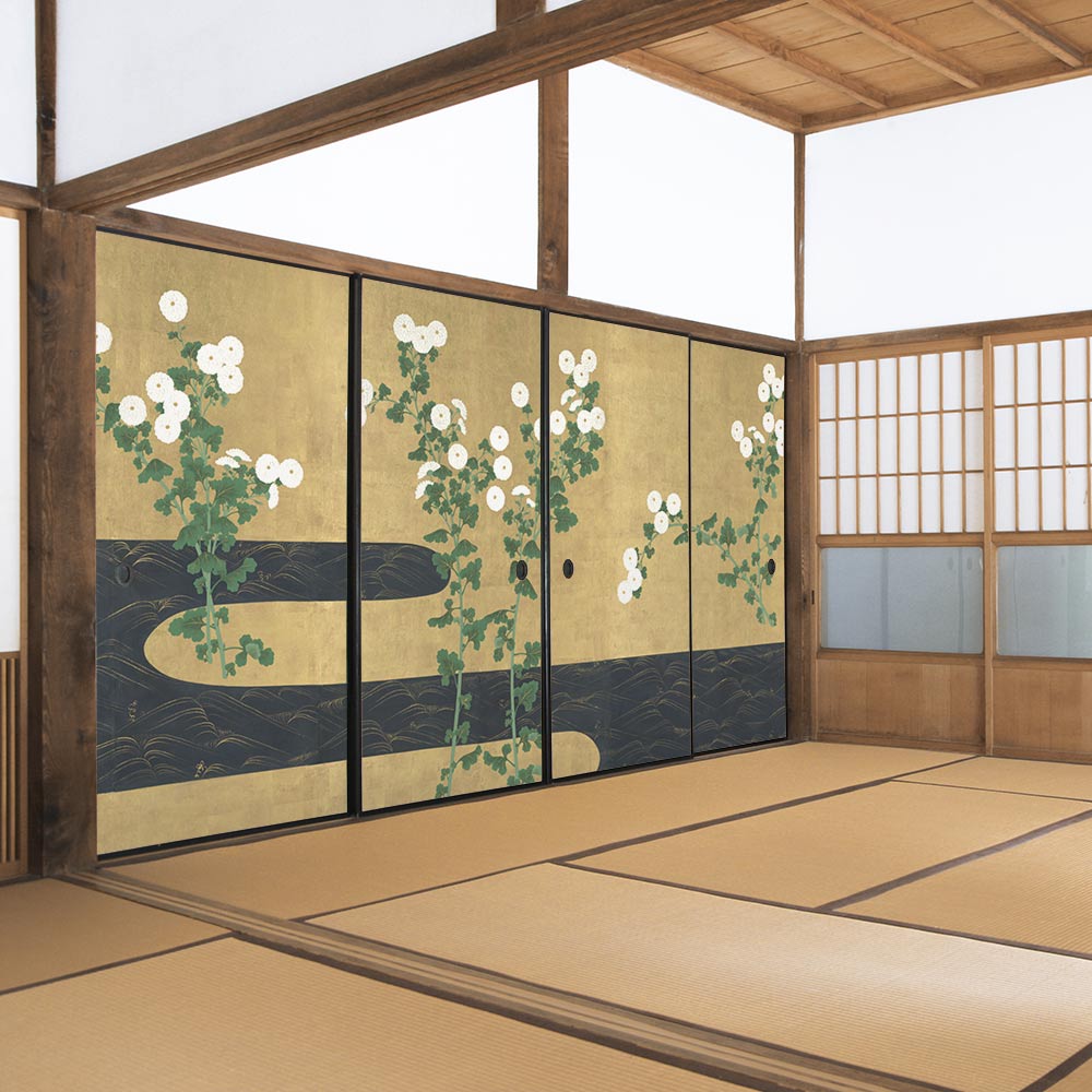 ふすまリメイクシート 消臭シールタイプ つながる4柄 尾形光琳 菊川水屏風 A (約185cm×94cm)
