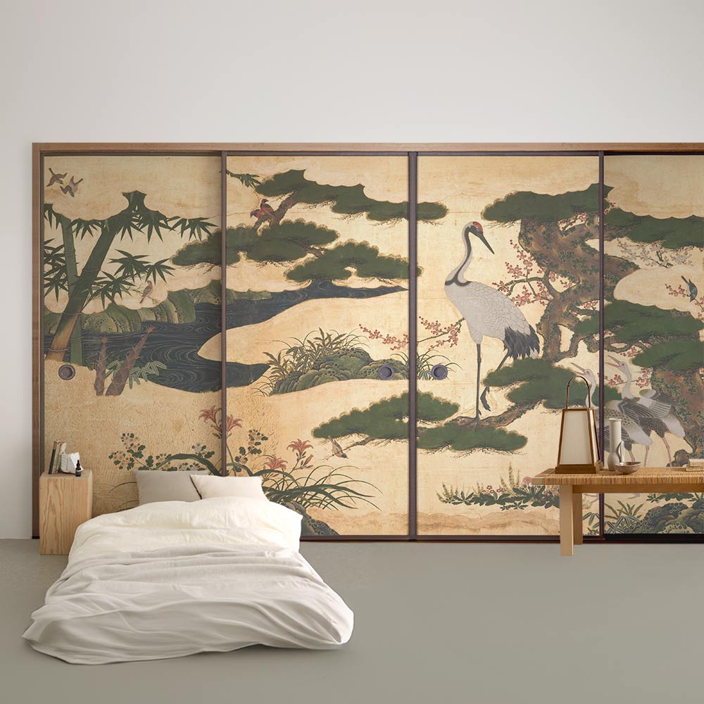 ふすまリメイクシート ふすま紙のりなしタイプ つながる4柄 四季花鳥図屏風 A (約185cm×94cm)