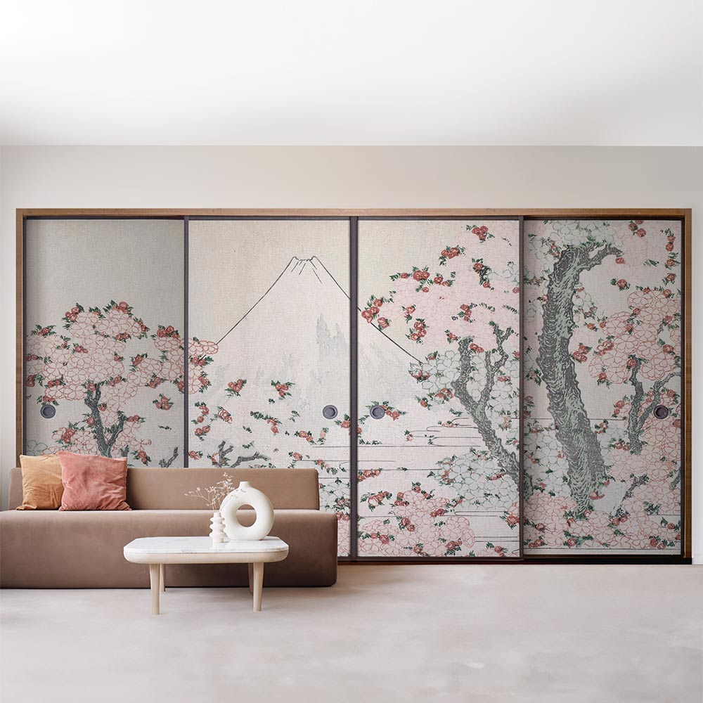 ふすまリメイクシート ふすま紙のりなしタイプ つながる4柄 葛飾北斎 桜花に富士図 A (約185cm×94cm)