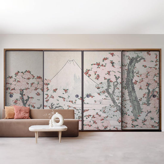 ふすまリメイクシート ふすま紙のりなしタイプ つながる4柄 葛飾北斎 桜花に富士図 A (約185cm×94cm)