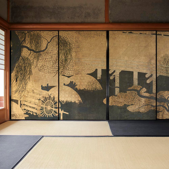 ふすまリメイクシート ふすま紙のりなしタイプ つながる4柄 長谷川等伯 柳橋水車図屏風 A (約185cm×94cm)