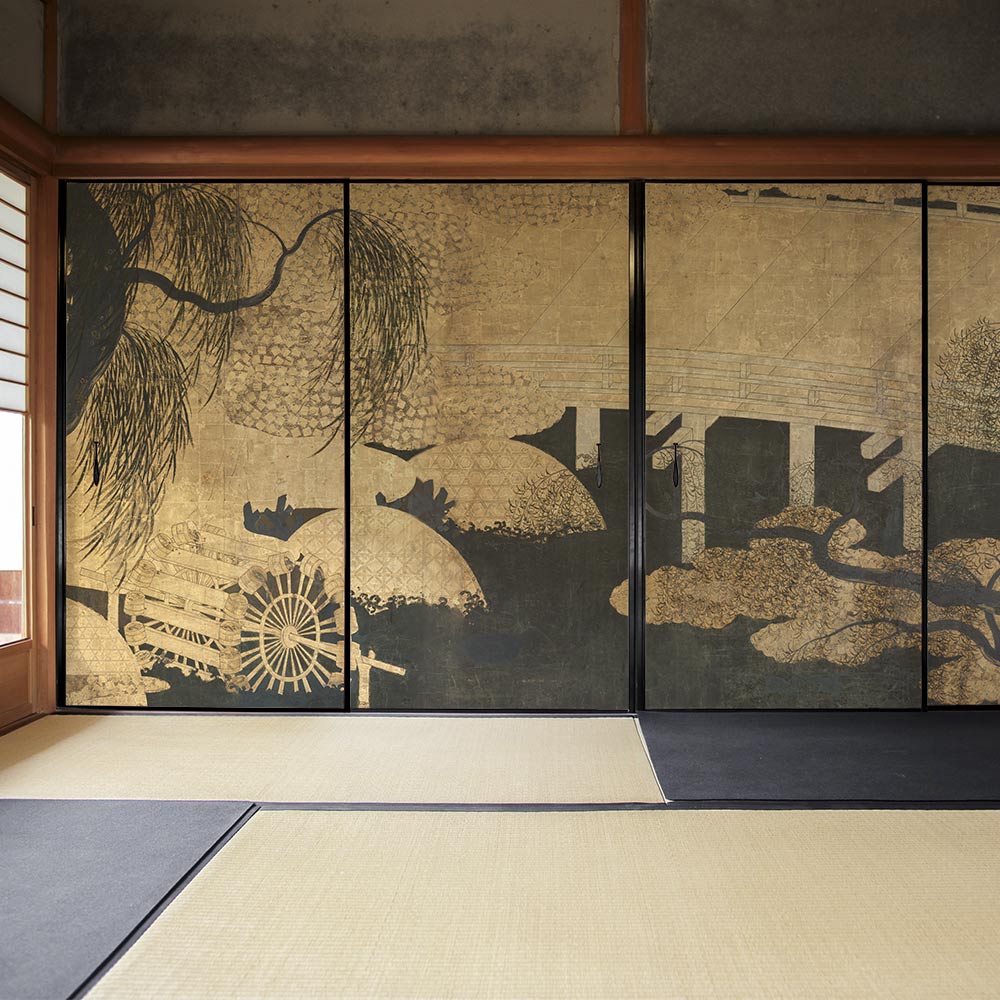 【4枚1組】ふすまリメイクシート ふすま紙のりなしタイプ つながる4柄 長谷川等伯 柳橋水車図屏風