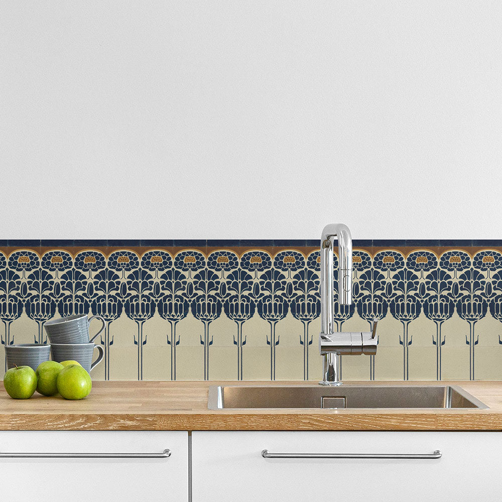 水はね防止シート アールヌーボータイル アズール MBS-VT01（25cm×1.3m）貼ってはがせる　Hatte me! (ハッテミー)　横長サイズ