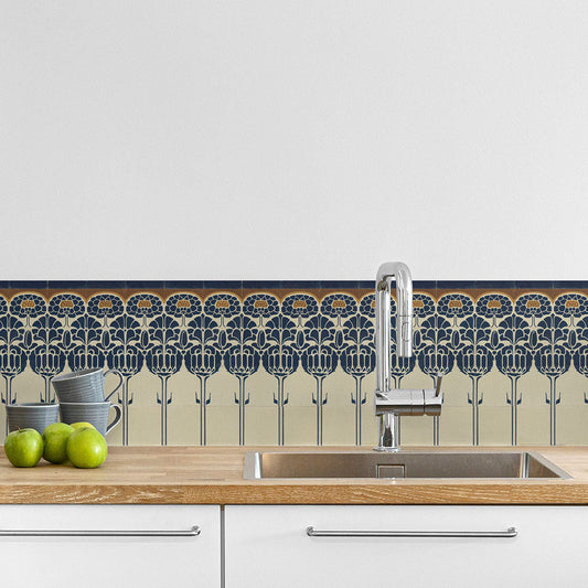 水はね防止シート アールヌーボータイル アズール MBS-VT01（25cm×1.3m）貼ってはがせる　Hatte me! (ハッテミー)　横長サイズ