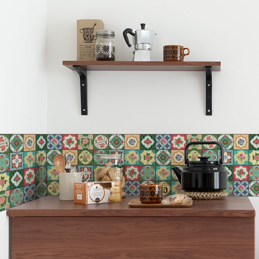 水はね防止シート 台湾マジョリカタイル MBS-VT09（25cm×1.3m）貼ってはがせる　Hatte me! (ハッテミー)　横長サイズ