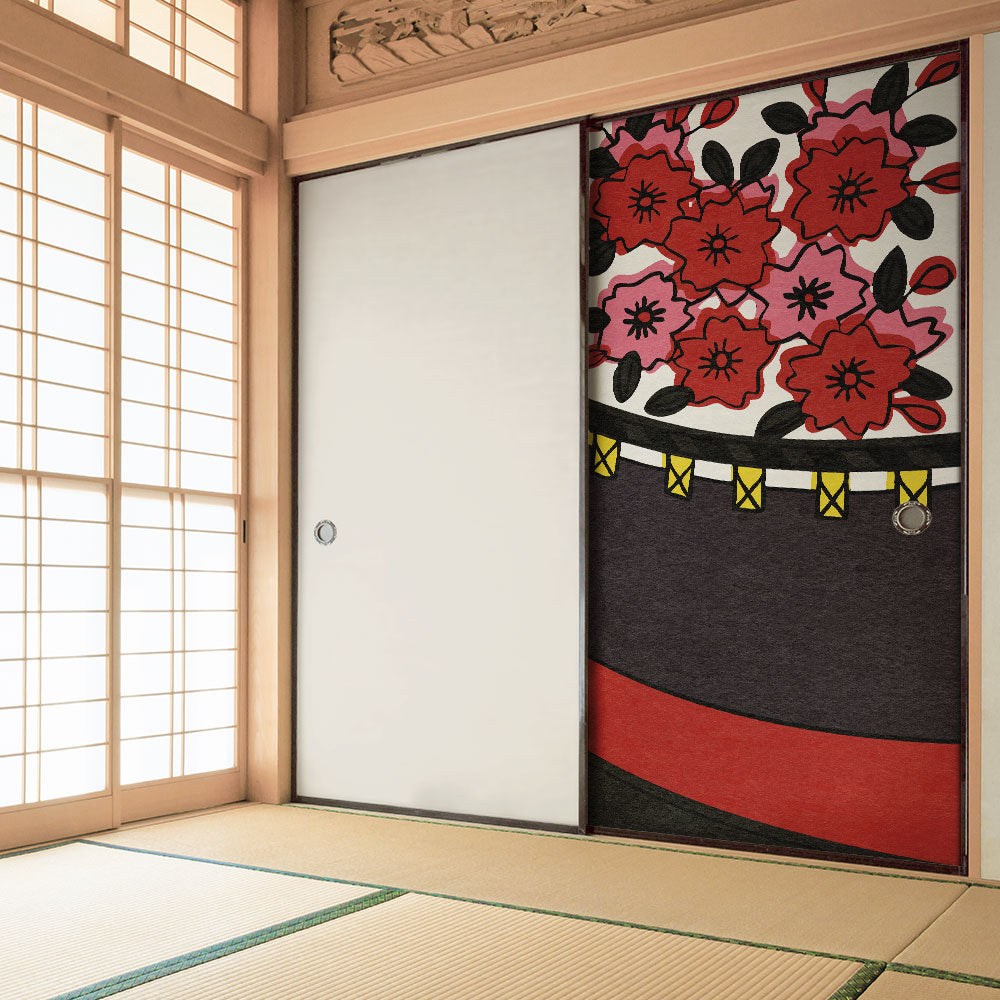 ふすまリメイクシート 拭けるシールタイプ HANAFUDA 桜に幕  (約185cm×100cm) HMST-HF-03