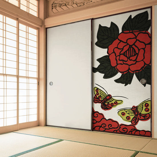 ふすまリメイクシート 拭けるシールタイプ HANAFUDA 牡丹に蝶  (約185cm×100cm) HMST-HF-06