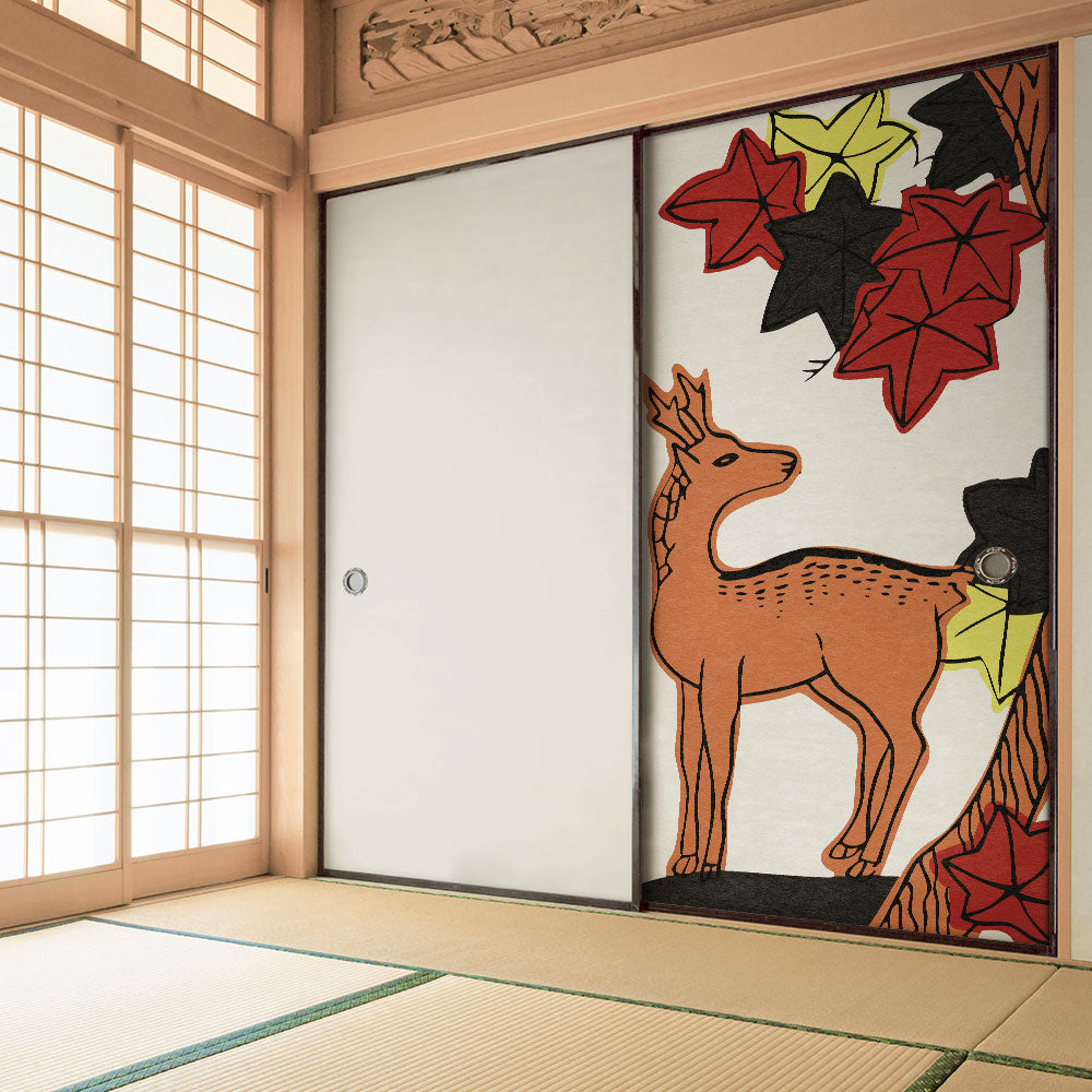 ふすまリメイクシート 拭けるシールタイプ HANAFUDA 紅葉に鹿  (約185cm×100cm) HMST-HF-10